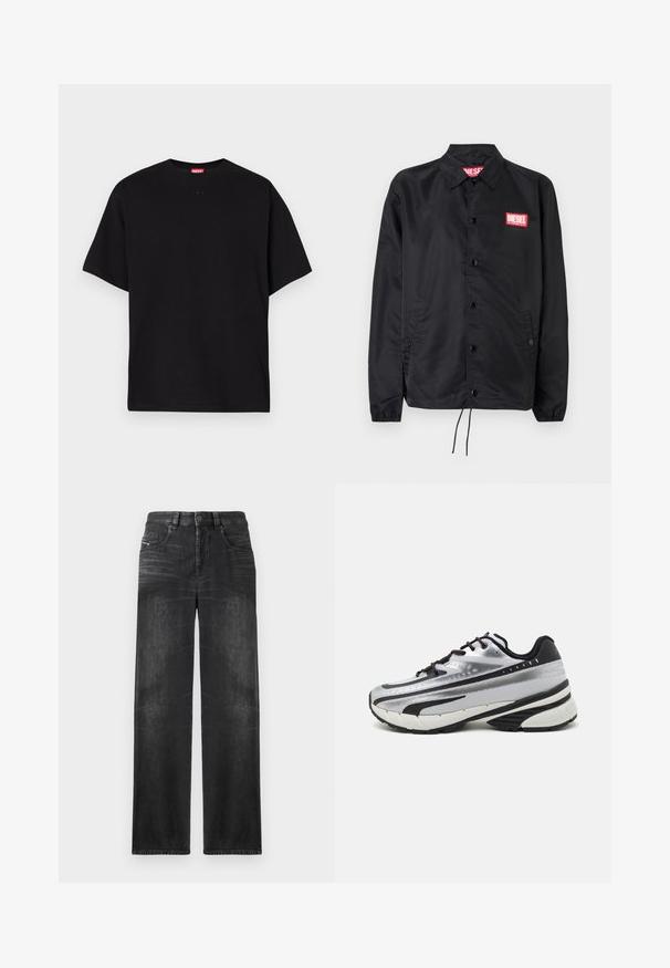 Jaqueta preta feita de material suave e leve, com fecho de botão na frente, punhos elásticos, bolsos laterais e um patch do logótipo vermelho da Diesel.; T-shirt de algodão preto com gola redonda, mangas curtas e um pequeno logótipo em relevo na frente. Textura suave, design casual.; Calças de ganga de perna reta pretas, com cinco bolsos, passadores de cinto e um leve desbotado no tecido para textura.; Sapatilhas de corrida com um upper em malha prateada, detalhes em preto e sola branca. Apresenta um design texturizado e atacadores pretos. Leves e acolchoadas.