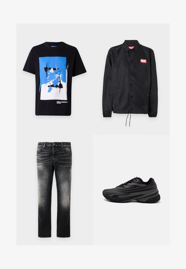 Črna jakna iz gladkega, lahkega materiala, z gumbnim zapiranjem, elastičnimi manšetami, stranskimi žepi in rdečim logotipom Diesel.; Črna bombažna majica s bold grafiko v modri in beli barvi, ki prikazuje obraz s sončnimi očali. "KARL LAGERFELD JEANS" natisnjeno na dnu.; Črne kavbojke z blagim oljčnim opravkom in raztrganimi detajli, standardnim petimi žepi in zapiranjem na zadrgo. Narejene so iz denim tkanine.; Črne tekaške copate z teksturiranim zgornjim delom, ki ima sive črte. Debel podplat za blaženje udarcev, okrogla konica in ravne vezalke za varen oprijem.