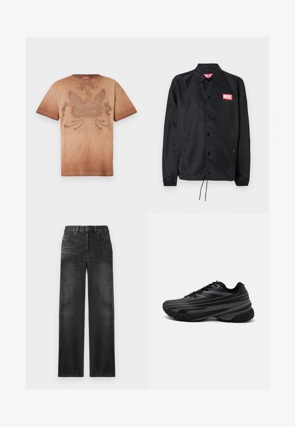 Juoda striukė, pagaminta iš lygaus, lengvo medžiagų, su mygtukų priekyje, elastinėmis rankovėmis, šoninėmis kišenėmis ir raudonu "Diesel" logotipo ženkleliu.; Ruda trumpomis rankovėmis medvilninė marškinėliai su dideliu reljefiniu erelio piešiniu ir užrašu „Diesel 1978“ priekyje, sublukusio gradientinio efekto.; Juodos tiesios kojų džinsai, pagaminti iš džinsinio audinio, su penkiomis kišenėmis, diržo kilpomis ir švelniu audinio blukimu, kuris suteikia tekstūrą.; Juodas bėgimo batelis su tekstūruotu viršumi, kuriame yra pilkos juostos. Storas padas amortizacijai, apvalus pirštas ir plokščios raištelės tvirtam prigludimui.