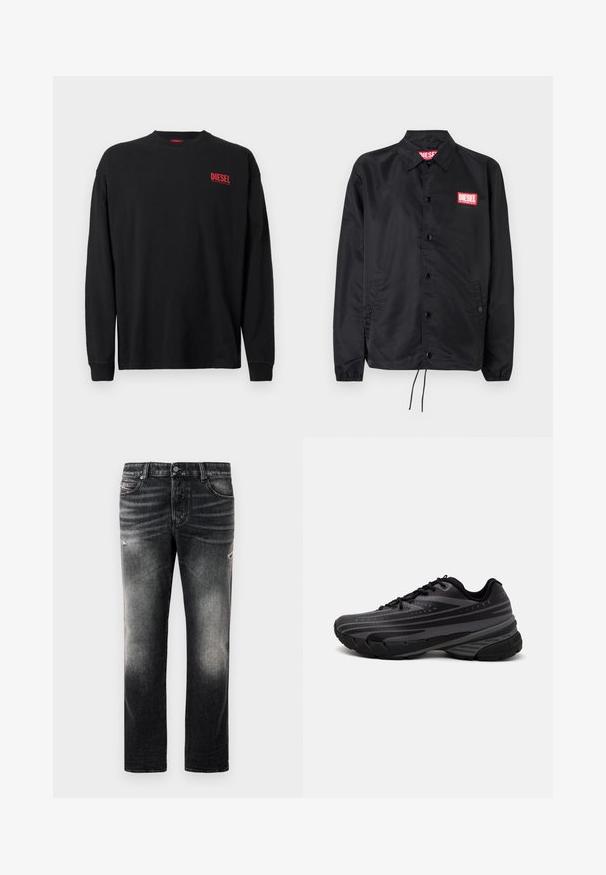 Jaqueta preta feita de material suave e leve, com fecho de botão na frente, punhos elásticos, bolsos laterais e um patch do logótipo vermelho da Diesel.; T-shirt preta de manga comprida em algodão com gola redonda. Apresenta um pequeno logotipo "DIESEL" vermelho na área do peito esquerdo. Corte regular.; Calças jeans pretas com acabamento desbotado e detalhes desgastados, design padrão de cinco bolsos e fecho com zip. Feitas de tecido denim.; Shoe de corrida preta com um cabedal texturizado apresentando riscas cinzentas. Sola grossa para amortecimento, bico redondo e atacadores planos para um ajuste seguro.