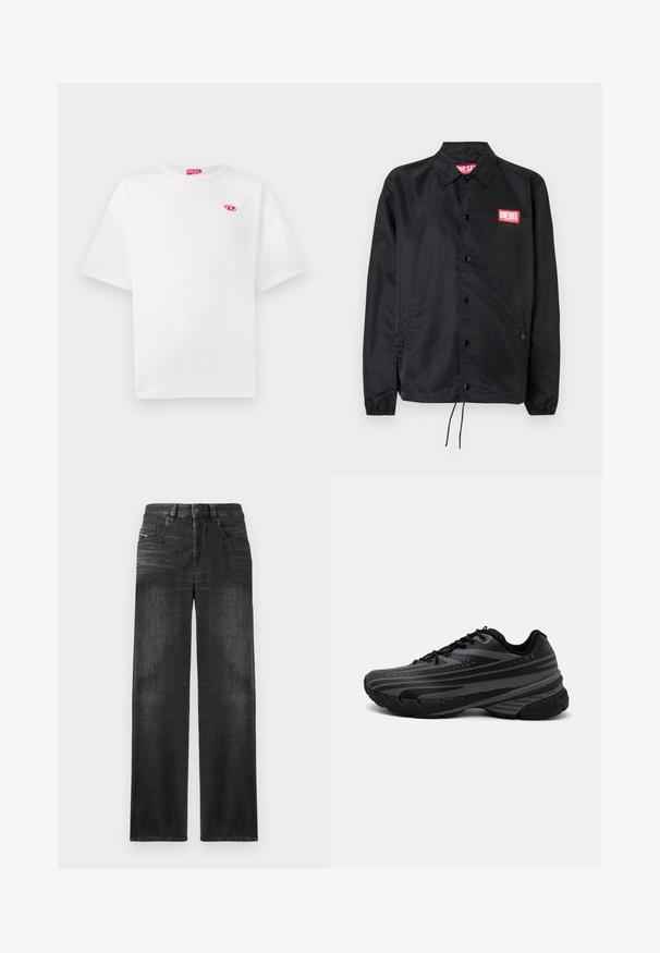 Black jacket made of smooth, lightweight material, featuring a button front, elastic cuffs, side pockets, and a red Diesel logo patch.; White cotton t-shirt with short sleeves, round neck, and red "DIESEL" logo tag. Features a small red emblem on the left chest.; Black straight-leg jeans made of denim, featuring five pockets, belt loops, and subtle fading on the fabric for texture.; Black running shoe with a textured upper featuring gray stripes. Thick sole for cushioning, round toe, and flat laces for secure fit.
