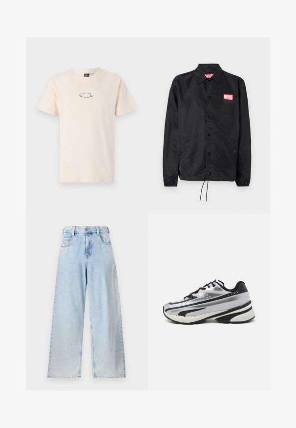 Melnā jaka no gludas, vieglas materiāla, ar pogu aizdari, elastīgām piedurknēm, sānu kabatām un sarkanu Diesel logo uzšuvumu.; Bežs kokvilnas T-krekls ar apaļu kakla izgriezumu, īsām piedurknēm un minimālistisku melnu ovālu logotipu krūšu rajonā. Gluda tekstūra, standarta piegriezums.; Gai zili plaši džinsi, izgatavoti no denima, ar augstu vidukli, redzamām šuvēm, priekšējām kabatām un taisnā griezuma līdz apakšmalai.; Skriešanas apavi ar sudraba acs augšdaļu, melniem akcentiem un baltu zolīti. Iezīmējas ar teksturētu dizainu un melnām auklām. Vieglie un mīkstie.