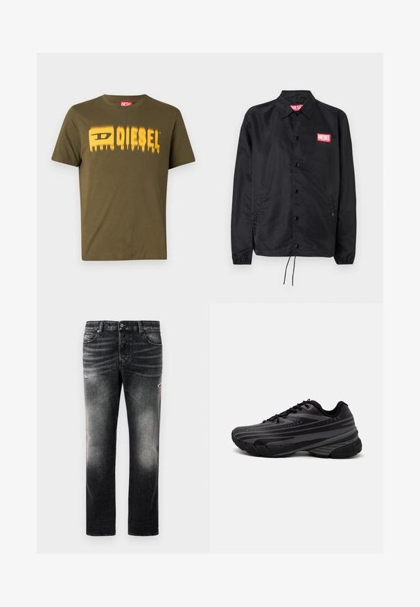 Must must, misasest kergest ja siledast materjalist, nupuvälinge, elastsete mansettide, küljetaskute ning punase Diesel logo plaastriga.; Olive roheline puuvillane T-särk, millel on kollane tuhm "DIESEL" logo rinna peal. Ümar kaelus ja lühikesed varrukad.; Mustad mustast denimist valmistatud teksad, millel on kulunud viimistlus ja kulumine, tavaline viie tasku disain ning tõmblukuga sulgemine.; Mustad musta jooksujalats, mille tekstureeritud ülemine osa on hallide triipudega. Paks tallaga mugavuse tagamiseks, ümar varvas ja tasased paelad kindla istuvuse saavutamiseks.