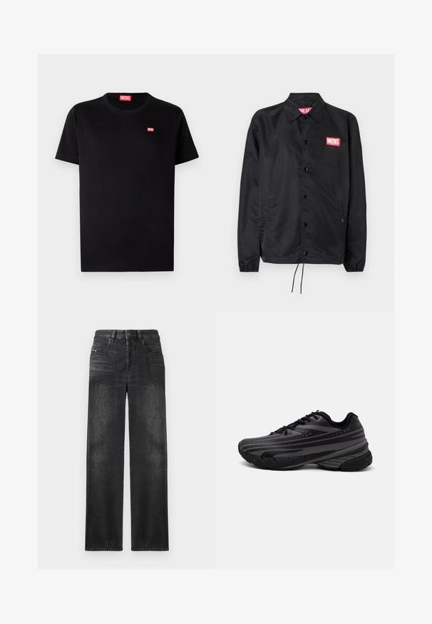 Svart jakke laget av glatt, lett materiale, med knappelukking, elastiske mansjetter, sidelommer og en rød Diesel-logo-patch.; Svart bomull T-skjorte med rund hals og korte ermer. Har en liten rød Diesel-logo på brystet. Enkel, klassisk design.; Sorte jeans med rett ben i denim, med fem lommer, beltehemper, og subtil fading på stoffet for tekstur.; Svarte joggesko med en teksturert overdel som har grå striper. Tykk såle for demping, rund tå og flate snører for en sikker passform.