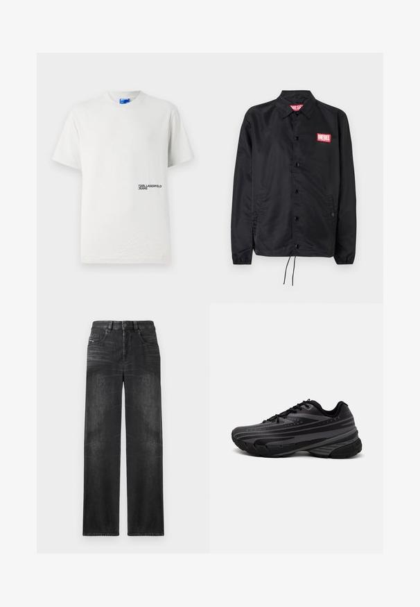 Melnā jaka no gludas, vieglas materiāla, ar pogu aizdari, elastīgām piedurknēm, sānu kabatām un sarkanu Diesel logo uzšuvumu.; Balts kokvilnas T-krekls ar apaļu kaklu un īsām piedurknēm. Uz kreisā sāna ir melnā krāsā iespiests logs "KARL LAGERFELD JEANS".; Melni taisni denim džinsi ar piecām kabatām, jostu cilpām un viegli izbalējušu audumu, kas piešķir struktūru.; Melnas skriešanas kurpes ar teksturētu virsu, kurai ir pelēkas svītras. Biezs zole nodrošina amortizāciju, apaļa purngalu un plakanas šņorītes, lai nodrošinātu drošu piegulšanu.