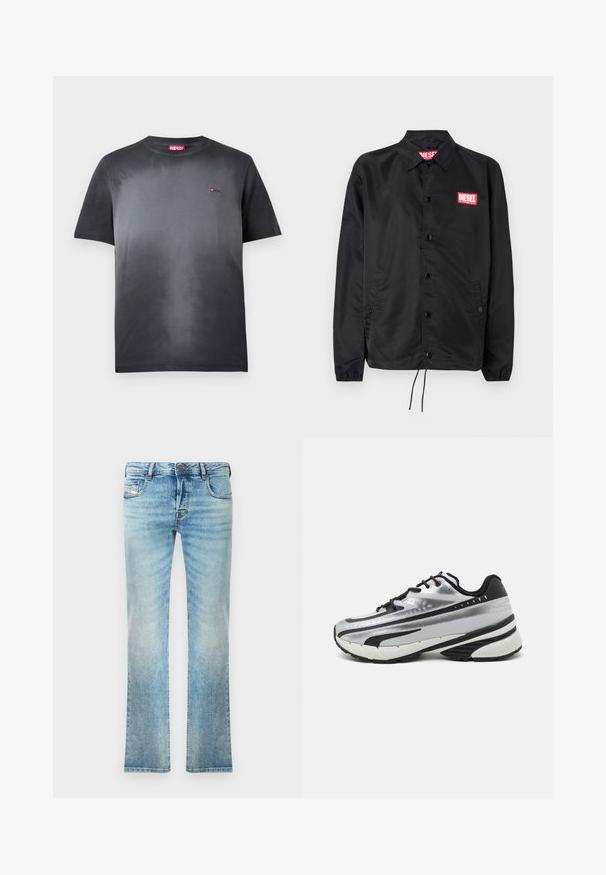 Jaqueta preta feita de material suave e leve, com fecho de botão na frente, punhos elásticos, bolsos laterais e um patch do logótipo vermelho da Diesel.; T-shirt de algodão em gradiente preto com mangas curtas. Possui um logo vermelho no peito esquerdo e um decote redondo. Textura suave.; Botas de ganga azul claro com corte reto, design de cinco bolsos e ligeira descoloração. Inclui fecho de botão metálico e zip.; Sapatilhas de corrida com um upper em malha prateada, detalhes em preto e sola branca. Apresenta um design texturizado e atacadores pretos. Leves e acolchoadas.