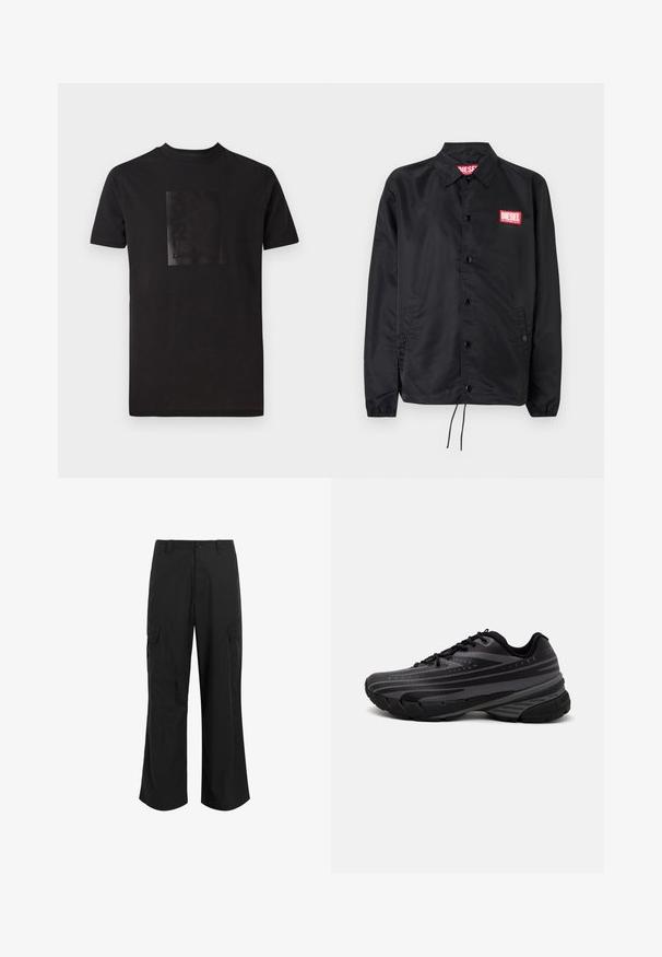 Juoda striukė, pagaminta iš lygaus, lengvo medžiagų, su mygtukų priekyje, elastinėmis rankovėmis, šoninėmis kišenėmis ir raudonu "Diesel" logotipo ženkleliu.; Juoda medvilninė t-shirt su matinio juodo stačiakampio logotipu priekyje. Apvalia iškirpte, trumpomis rankovėmis ir įprasta forma.; Juodi cargo kelnės, pagamintos iš lengvos medžiagos, turinčios laisvą siluetą, dvi dideles šonines kišenes ir mygtuko užsegimą.; Juodas bėgimo batelis su tekstūruotu viršumi, kuriame yra pilkos juostos. Storas padas amortizacijai, apvalus pirštas ir plokščios raištelės tvirtam prigludimui.