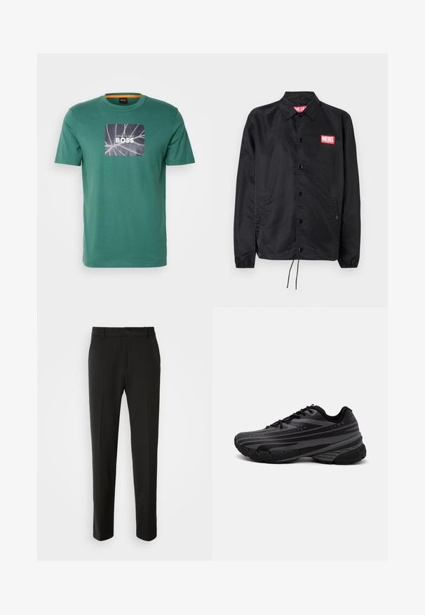 Černá bunda z hladkého, lehkého materiálu, s knoflíkovou přední částí, elastickými manžetami, bočními kapsami a červenou nášivkou Diesel logo.; BOSS Triko s potiskem - open green; Černé kalhoty vyrobené z hladkého materiálu, s rovnými nohavicemi, zapínáním na knoflík a klasickým designem vhodným pro formální i neformální nošení.; Černá běžecká bota s texturovaným svrškem zdobeným šedými pruhy. Silná podešev pro odpružení, kulatá špička a ploché tkaničky pro bezpečné uchycení.