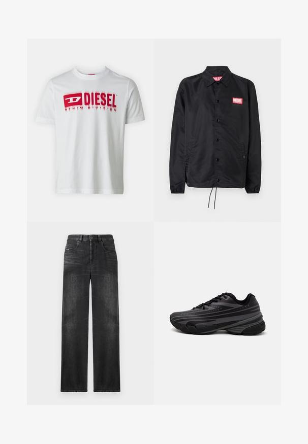 Giacca nera realizzata in materiale liscio e leggero, con chiusura a bottoni, polsini elasticizzati, tasche laterali e una patch con il logo rosso Diesel.; T-shirt bianco in cotone con un logo rosso audace con scritto "DIESEL" e "DENIM DIVISION". Maniche corte e scollo rotondo.; Jeans neri a gamba dritta realizzati in denim, dotati di cinque tasche, passanti per cintura e sfumature sottili sul tessuto per un effetto texture.; Scarpa da corsa nera con un upper testurizzato e strisce grigie. Suola spessa per un'ammortizzazione ottimale, punta rotonda e lacci piatti per una vestibilità sicura.