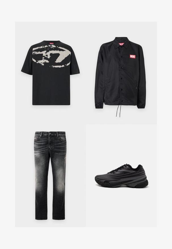Černá bunda z hladkého, lehkého materiálu, s knoflíkovou přední částí, elastickými manžetami, bočními kapsami a červenou nášivkou Diesel logo.; Černé tričko s velkým, abstraktním grafickým vzorem světle šedé barvy na přední straně. Krátké rukávy a klasický kulatý výstřih. Bavlněný materiál.; Černé džíny s vybledlým vzhledem a odřenými detaily, standardní design s pěti kapsami a zipovým zapínáním. Vyrobeny z džínové látky.; Černá běžecká bota s texturovaným svrškem zdobeným šedými pruhy. Silná podešev pro odpružení, kulatá špička a ploché tkaničky pro bezpečné uchycení.