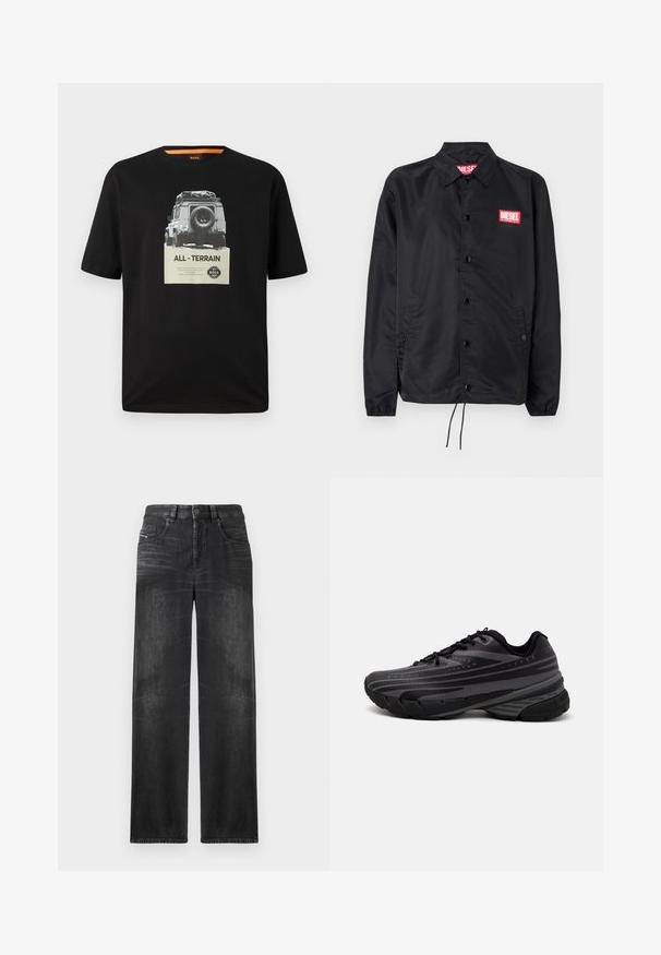 Melnā jaka no gludas, vieglas materiāla, ar pogu aizdari, elastīgām piedurknēm, sānu kabatām un sarkanu Diesel logo uzšuvumu.; Melna kokvilnas T-krekla ar apaļu kakla izgriezumu, kas greznota ar grafiku uz klasiskā transportlīdzekļa un tekstu "VISI - TERENI" uz krūšu daļas.; Melni taisni denim džinsi ar piecām kabatām, jostu cilpām un viegli izbalējušu audumu, kas piešķir struktūru.; Melnas skriešanas kurpes ar teksturētu virsu, kurai ir pelēkas svītras. Biezs zole nodrošina amortizāciju, apaļa purngalu un plakanas šņorītes, lai nodrošinātu drošu piegulšanu.