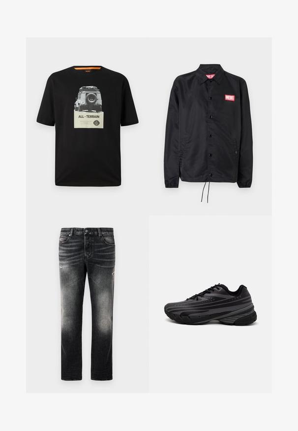 Černá bunda z hladkého, lehkého materiálu, s knoflíkovou přední částí, elastickými manžetami, bočními kapsami a červenou nášivkou Diesel logo.; Černé bavlněné tričko s kulatým výstřihem, které má grafický potisk klasického vozidla a text "ALL - TERRAIN" na hrudi.; Černé džíny s vybledlým vzhledem a odřenými detaily, standardní design s pěti kapsami a zipovým zapínáním. Vyrobeny z džínové látky.; Černá běžecká bota s texturovaným svrškem zdobeným šedými pruhy. Silná podešev pro odpružení, kulatá špička a ploché tkaničky pro bezpečné uchycení.