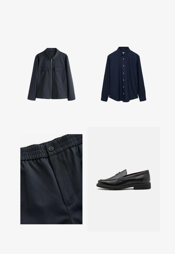 Veste bleu marine en tissu lisse avec un col, une fermeture éclair sur le devant et deux poches poitrine. Présente une coupe décontractée et des manches longues.; Chemise bleu marine à manches longues avec un col pointu, fermeture à boutons sur le devant et ourlet droit. Fabriquée à partir d'un tissu lisse et texturé.; Tissu léger bleu marine avec une texture lisse. Il dispose d'une taille élastique avec une fermeture à bouton et d'une poche latérale.; Chaussures de ville synthétiques noires avec un devant cousu bien visible, semelle intérieure rembourrée et semelle extérieure en caoutchouc plate ; design épuré avec un minimum de détails.