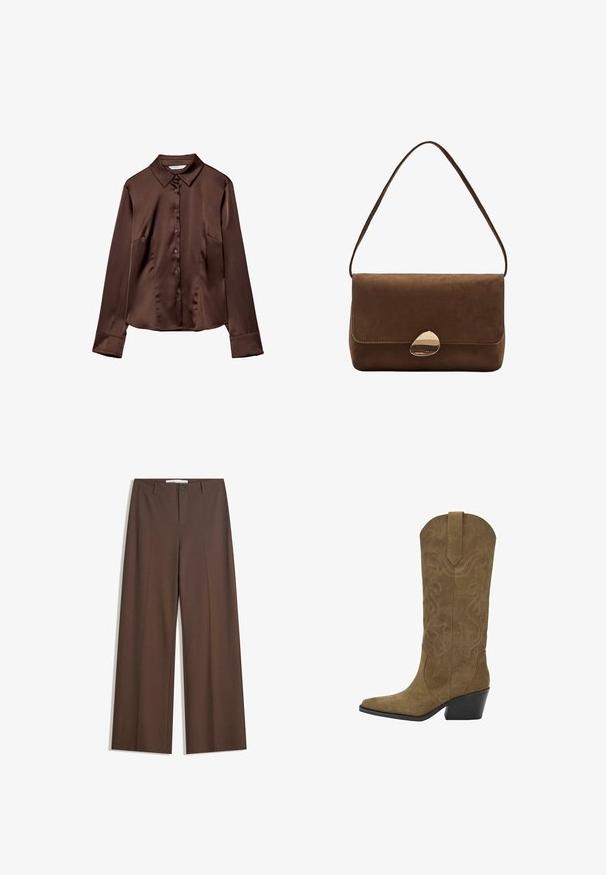Dark brown faux leather jacket with front zipper, collar, two diagonal pockets, and elasticized hem on white background.; Brown satin button-up shirt with a pointed collar, long sleeves, and a smooth texture. Features front pockets and a relaxed fit.; Brown wide-leg trousers with a smooth texture, front pleats, a button closure, and two side pockets. Designed for comfort and versatility.; Mid-calf brown suede cowboy boot with stitched swirl patterns, pointed toe, pull tab, and angled black stacked heel.; Brown suede shoulder bag with curved gold clasp and single strap, rectangular shape with flap closure.
