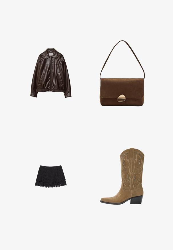 Ciemnobrązowa kurtka z sztucznej skóry z zamkiem błyskawicznym z przodu, kołnierzem, dwoma skośnymi kieszeniami i elastycznym dołem na białym tle.; Czarny body z długimi rękawami, o kwadratowym dekolcie i zapięciu na zatrzaski w okolicy krocza, leży płasko na białym tle.; Czarna koronkowa spódnica o warstwowej konstrukcji, z teksturowaną powierzchnią i falbaniastym dołem. Elastyczna talia zapewniająca wygodne dopasowanie.; PULL&BEAR - Kowbojki i obuwie motocyklowe; Brązowa zamszowa torba na ramię z zakrzywionym złotym zapięciem i pojedynczym paskiem, prostokątnego kształtu z klapką.