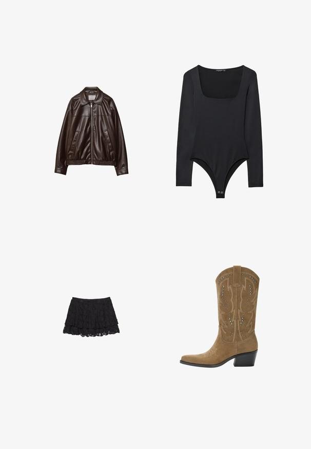 Giacca in ecopelle marrone scuro con zip frontale, colletto, due tasche diagonali e orlo elasticizzato su sfondo bianco.; Body nero a maniche lunghe con scollo quadrato e chiusure a pressione all'inguine, disteso su uno sfondo bianco.; Gonna in pizzo nero con un design a strati, caratterizzata da una superficie texturizzata e un orlo scalloppato. Vita elasticizzata per una vestibilità comoda.; PULL&BEAR Stivali texani / biker - beige