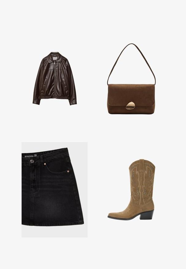 Mörkbrun konstläderjacka med framzipper, krage, två snedställda fickor och elastisk nederkant på vit bakgrund.; Svart långärmad bodysuit med fyrkantig halsringning och tryckknappar vid grenen, utlagd platt på en vit bakgrund.; Svart denimkjol med hög midja, med en framficka, kopparnitar och rak passform. Tyget har en slät textur.; PULL&BEAR Cowboy- / Bikerboots - beige; Brun mockakantväska med böjd guldkedja och en enda rem, rektangulär form med klaffstängning.