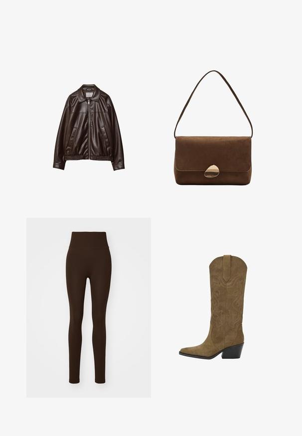 Tmavohnedá umelá kožená bunda s predným zipsom, golierom, dvomi diagonálnymi vreckami a elastickým lemom na bielom pozadí.; Čierny body s dlhým rukávom a štvorcovým výstrihom, so zapínaním na cvočky v oblasti rozkroku, rozložený na bielom pozadí.; Puma SHAPELUXE SEAMLESS - Legíny - espresso brown; Kožené cowboy čižmy na strednej lýtku z hnedej semišovej kože so šitými vírivými vzormi, špicatou špičkou, s ťahacím pútkom a nakloneným čiernym zloženým opätkom.; Hnedá semišová taška cez rameno s zakriveným zlatým sponou a jedným popruhom, obdĺžnikový tvar s klopou.