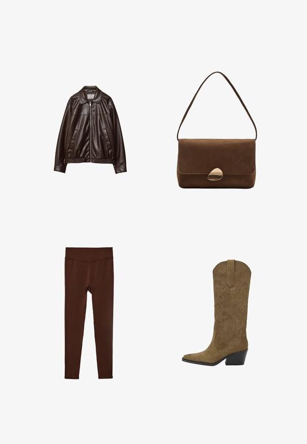 Ciemnobrązowa kurtka z sztucznej skóry z zamkiem błyskawicznym z przodu, kołnierzem, dwoma skośnymi kieszeniami i elastycznym dołem na białym tle.; Czarny body z długimi rękawami, o kwadratowym dekolcie i zapięciu na zatrzaski w okolicy krocza, leży płasko na białym tle.; Bordowe legginsy z wysokim stanem, z szerokim elastycznym pasem i dopasowanymi nogawkami, wyświetlone na białym tle.; Brązowy zamszowy kowbojski but do połowy łydki z haftowanymi wzorami w kształcie spirali, spiczastym noskiem, pętlą do zakupu i skośnie ułożonym czarnym obcasem.; Brązowa zamszowa torba na ramię z zakrzywionym złotym zapięciem i pojedynczym paskiem, prostokątnego kształtu z klapką.