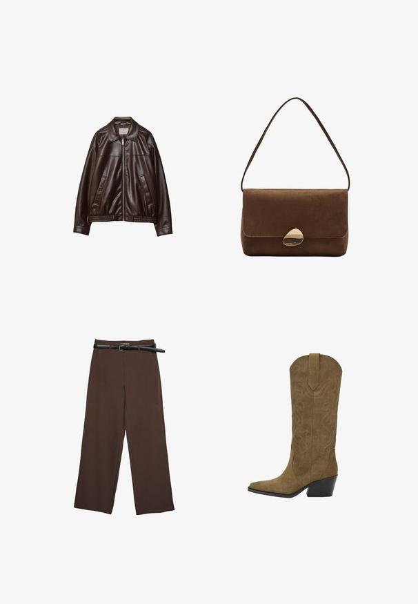 Dunkelbraune Kunstlederjacke mit Frontreißverschluss, Kragen, zwei diagonalen Taschen und elastischem Saum auf weißem Hintergrund.; Schwarzer Langarm-Body mit quadratischem Ausschnitt und Druckknöpfen im Schritt, flach auf einem weißen Hintergrund liegend.; Braune weit geschnittene Hose mit glatter Textur, versehen mit einem schwarzen Gürtel und einem maßgeschneiderten Bund, der eine strukturierte Passform bietet.; Mittelhohe braune Wildleder-Cowboystiefel mit gestickten Wirbelmustern, spitz zulaufender Zehenpartie, Zugschlaufe und angespitztem, schwarzem Blockabsatz.; Braune Wildleder-Umhängetasche mit geschwungenem goldenen Verschluss und einseitigem Tragegurt, rechteckige Form mit Klappenverschluss.