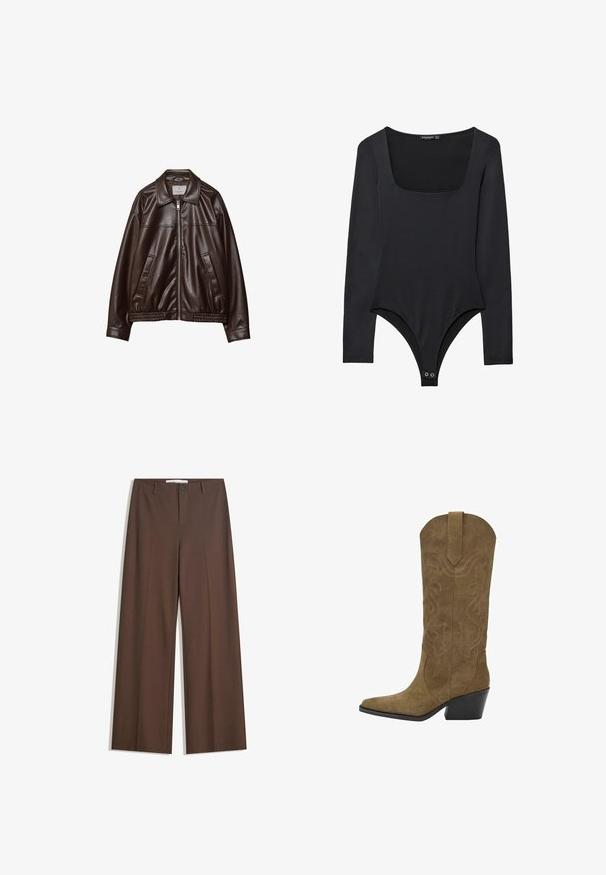 Tmavohnedá umelá kožená bunda s predným zipsom, golierom, dvomi diagonálnymi vreckami a elastickým lemom na bielom pozadí.; Čierny body s dlhým rukávom a štvorcovým výstrihom, so zapínaním na cvočky v oblasti rozkroku, rozložený na bielom pozadí.; Hnedé široké nohavice s hladkým povrchom, prednými záhybmi, gombíkovým zapínaním a dvoma bočnými vreckami. Navrhnuté pre pohodlie a všestrannosť.; Kožené cowboy čižmy na strednej lýtku z hnedej semišovej kože so šitými vírivými vzormi, špicatou špičkou, s ťahacím pútkom a nakloneným čiernym zloženým opätkom.