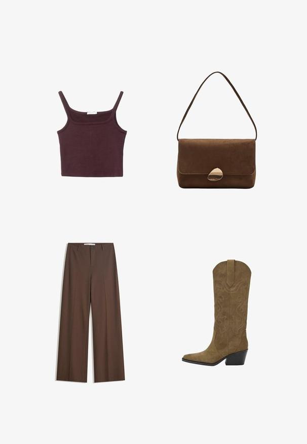Mørkebrun imitær læderjakke med frontlynlås, krave, to skrå lommer og elastisk kant på hvid baggrund.; Bordeaux tætsiddende tanktop med tynde stropper, firkantet udskæring og blødt bomuldsstof. Har et sømløst design og minimal detaljer.; Brune brede bukser med en glat tekstur, frontfald, en knaplukning og to sidelommer. Designet til komfort og alsidighed.; Mid-calf brune ruskind cowboy støvle med broderede svirvelmønstre, spids tå, hængsel og skrå sort stablet hæl.; Brun ruskind skuldertaske med buet guldlås og enkelt rem, rektangulær form med klaplukning.