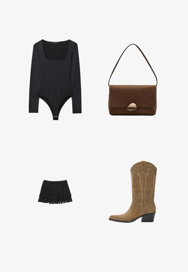 Dunkelbraune Kunstlederjacke mit Frontreißverschluss, Kragen, zwei diagonalen Taschen und elastischem Saum auf weißem Hintergrund.; Schwarzer Langarm-Body mit quadratischem Ausschnitt und Druckknöpfen im Schritt, flach auf einem weißen Hintergrund liegend.; Schwarzer Spitzenrock mit geschichtetem Design, das über eine strukturierte Oberfläche und einen gewellten Saum verfügt. Elastischer Bund für einen bequemen Sitz.; PULL&BEAR Cowboy-/Bikerboot - beige; Braune Wildleder-Umhängetasche mit geschwungenem goldenen Verschluss und einseitigem Tragegurt, rechteckige Form mit Klappenverschluss.