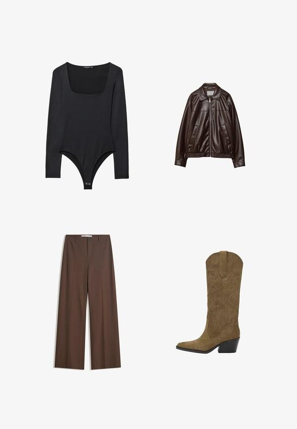 Giacca in ecopelle marrone scuro con zip frontale, colletto, due tasche diagonali e orlo elasticizzato su sfondo bianco.; Body nero a maniche lunghe con scollo quadrato e chiusure a pressione all'inguine, disteso su uno sfondo bianco.; Pantaloni ampi beige con una texture liscia, pieghe frontali, chiusura con bottone e due tasche laterali. Progettati per comfort e versatilità.; Stivale cowboy in suede marrone fino al polpaccio con motivi a spirale cuciti, punta affilata, occhiello per l'allaccio e tacco impilato nero angolato.