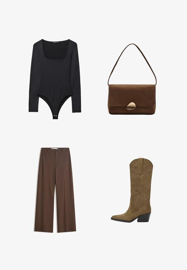 Dunkelbraune Kunstlederjacke mit Frontreißverschluss, Kragen, zwei diagonalen Taschen und elastischem Saum auf weißem Hintergrund.; Schwarzer Langarm-Body mit quadratischem Ausschnitt und Druckknöpfen im Schritt, flach auf einem weißen Hintergrund liegend.; Braune weite Hosen mit einer glatten Textur, vorderen Falten, einem Knopfverschluss und zwei seitlichen Taschen. Designed für Komfort und Vielseitigkeit.; Mittelhohe braune Wildleder-Cowboystiefel mit gestickten Wirbelmustern, spitz zulaufender Zehenpartie, Zugschlaufe und angespitztem, schwarzem Blockabsatz.; Braune Wildleder-Umhängetasche mit geschwungenem goldenen Verschluss und einseitigem Tragegurt, rechteckige Form mit Klappenverschluss.