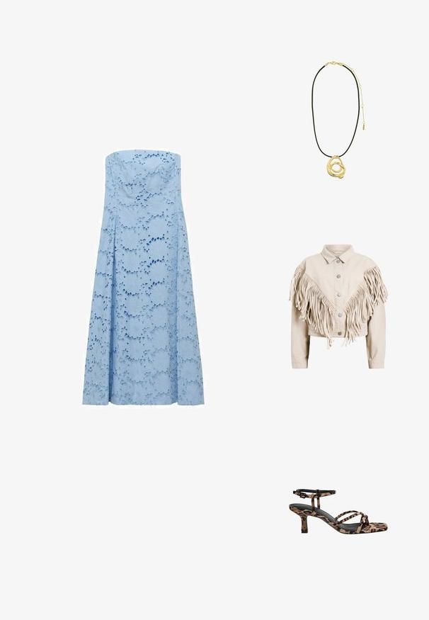 Beige farkkutakki pitkällä fringeyksityiskohdalla hartioilla ja edessä, jossa on hopeiset metallinapit ja lyhennetty malli.; Valkoinen olkaimeton mekko, joka on valmistettu teksturoidusta kankaasta, jossa on kukkaleikkauksia. Rento malli ulottuu lattiaan. Ei näkyviä kiinnityksiä.; Naiskahva leopardikuosiset korkokengät, joissa on neliönmuotoinen kärki, useita remmejä ja keskipitkä korko. Valmistettu pehmeästä tekstiilimateriaalista.; Pilgrim UNFOLD - Kaulakoru - gold