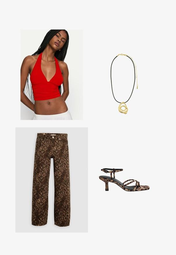 Beige Denimjacke mit langen Fransenverzierungen an den Schultern und vorne, ausgestattet mit silberfarbenen Metallknöpfen und einer cropped Passform.; Rotes Neckholder-Crop-Top mit V-Ausschnitt und gerafftem Detail an der Brust. Aus glattem Stoff gefertigt, betont das figurbetonte Design die Taille.; Leopardenmusterweite Beinhosen in Braun und Beige. Hergestellt aus Denim, mit einem klassischen Fünf-Taschen-Design und Metallbeschlägen.; Leopardenmuster Absatzsandalen mit Quadratzehen, mehreren Riemen und einem mittelhohen Absatz. Hergestellt aus weichem Textilmaterial.; Pilgrim UNFOLD - Halskette - gold