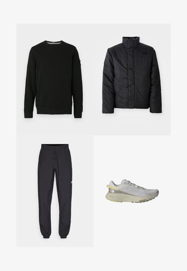 Svart isolert jakke med høy krage, med glidelås foran og en logo på venstre bryst. Materialet ser glatt og puffy ut.; Svart crewneck sweatshirt med lange ermer, ribbede mansjetter og kant. Mykt stoff med et merke på venstre erme og minimalistisk design.; Sorte idrettsbukser laget av lett stoff, med snor i livet, sidelommer og smale mansjetter ved anklene.; The North Face ALTAMESA 300 - Løpesko for mark - glacier gray/soapstone