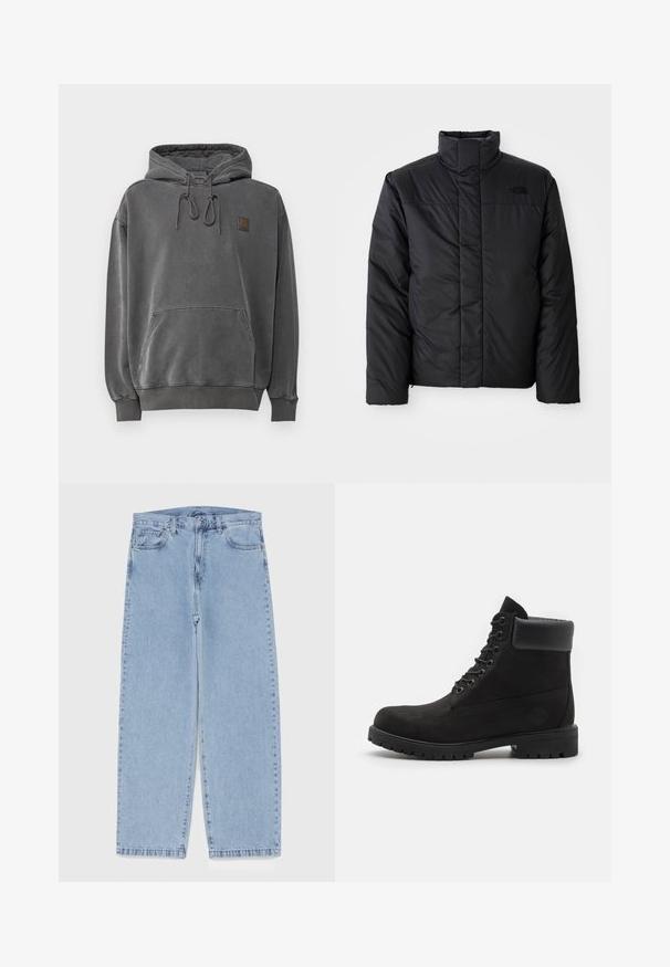 Must suuretusega must isoleeritud jakk kõrge kraega, millel on lukuga esiosa ja logo vasakul rinnal. Materjal näeb välja sile ja turske.; Halli hallid, millel on eesmine tasku, reguleeritavad nöörid ja väike logo põik. Pehme tekstuur ja lõdvestatud lõige, ribadest varrukate ja äärisega.; Heled sinise denimi sirgete põlvede lõikega teksad, millel on keskmise kõrgusega vöökoht, viis taskut ning nööbid ja tõmblukk.; Mustade lacesega pahkluu saapad pehme kraega ja robustse tallaga, kujutatud profiilis valge taustaga.