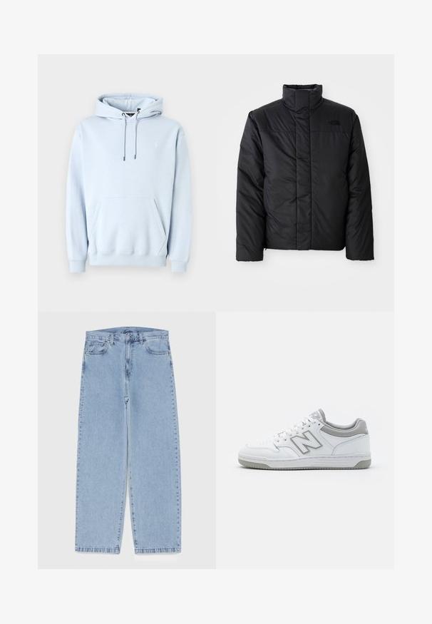 Svart isolert jakke med høy krage, med glidelås foran og en logo på venstre bryst. Materialet ser glatt og puffy ut.; Lyseblå hettegenser laget av myk stoff, med en frontlomme, snor i hetten og ribbestrikkede mansjetter og nederkant. Lite logo på brystet.; Lyseblå denimjeans med rett ben-design, med mid-rise liv, fem lommer og knap og lynlås lukning.; Hvite lær sneakers med grå detaljer, med perforert tåboks, flate lisser og et mønstret såle. New Balance-logo på siden.