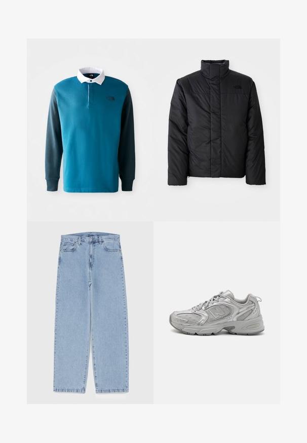 Juodas izoliuotas švarkas su aukštu apykakle, su užtrauktuku priekyje ir logotipu kairėje krūtinės pusėje. Medžiaga atrodo lygi ir pūsta.; Ilgų rankovių polo marškiniai tamsiai žaliame ir mėlyname atspalvyje, su balta apykakle, mygtukų sąsaja ir juodu logotipu krūtinėje. Pagaminti iš medvilnės mišinio.; Šviesiai mėlyni džinsai su tiesiomis kojomis, turintys vidutinio aukščio juosmenį, penkias kišenes ir mygtuko bei užtrauktuko uždarymą.; Sidabriniai sportiniai bateliai su šiuolaikiniu dizainu, tinklelio panelėmis, paminkštinta liežuvėliu, tekstūruotu sintetiniu viršumi ir guminiais padu, užtikrinančiais sukibimą.