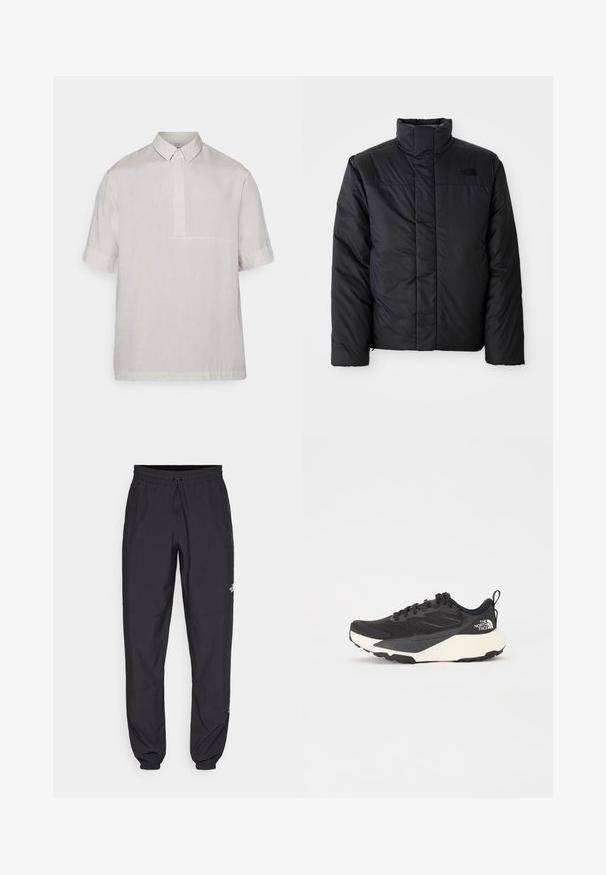 Schwarze isolierte Jacke mit hohem Kragen, ausgestattet mit einem durchgehenden Reißverschluss und einem Logo auf der linken Brust. Das Material wirkt glatt und plüschig.; Kurzärmeliges Hemd mit Kragen aus leichtem beige Leinen. Verfügt über eine halbe Knopfleiste und eine subtile Textur. Sauberes, minimales Design.; Schwarze Sporthosen aus leichtem Stoff, mit einem Kordelzugbund, seitlichen Taschen und schmal zulaufenden Bündchen an den Knöcheln.; Schwarzer Sportschuh mit strukturiertem Mesh-Obermaterial, komplett schwarzen Akzenten und leichter weißer Laufsohle. Verfügt über eine Schnürung und eine Zuglasche.