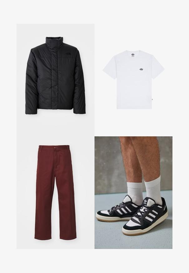 Veste isolante noire avec un col haut, présentant un zip à l'avant et un logo sur la poitrine gauche. Le matériau semble lisse et rembourré.; T-shirt en coton blanc à manches courtes, portant un petit logo noir sur la poitrine et une étiquette dans le coin inférieur gauche.; Pantalons bordeaux à jambes droites en tissu lisse; dotés d'une fermeture à bouton et d'une poche avant. Design simple avec des accents de couture.; Baskets noir et blanc avec une tige en suède et cuir, comportant trois rayures blanches, un bout perforé et une semelle en caoutchouc gum.