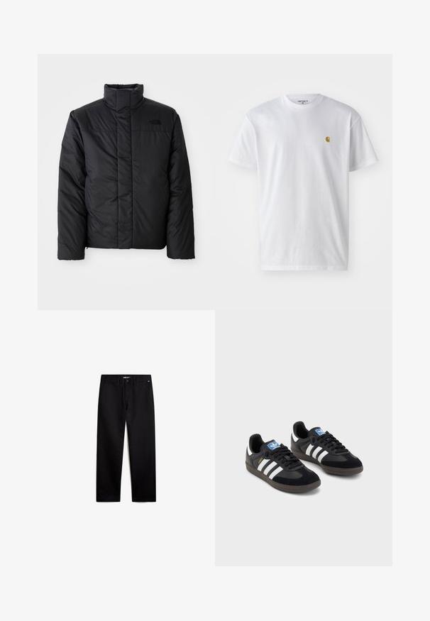 Chaqueta negra aislante con cuello alto, que cuenta con un cierre frontal y un logo en el lado izquierdo del pecho. El material parece suave y esponjoso.; Camiseta de algodón blanca con mangas cortas, cuello redondo, que presenta un pequeño logo dorado en la parte izquierda del pecho. Textura suave y corte regular.; Pantalones de algodón negros con un corte recto, cierre de cremallera y bolsillos frontales. Textura suave, sin patrones visibles y con un hardware mínimo.; Zapatillas negras con un upper de ante y sintético, con tres rayas blancas, suela de goma texturizada y etiqueta de logo azul en la lengüeta.