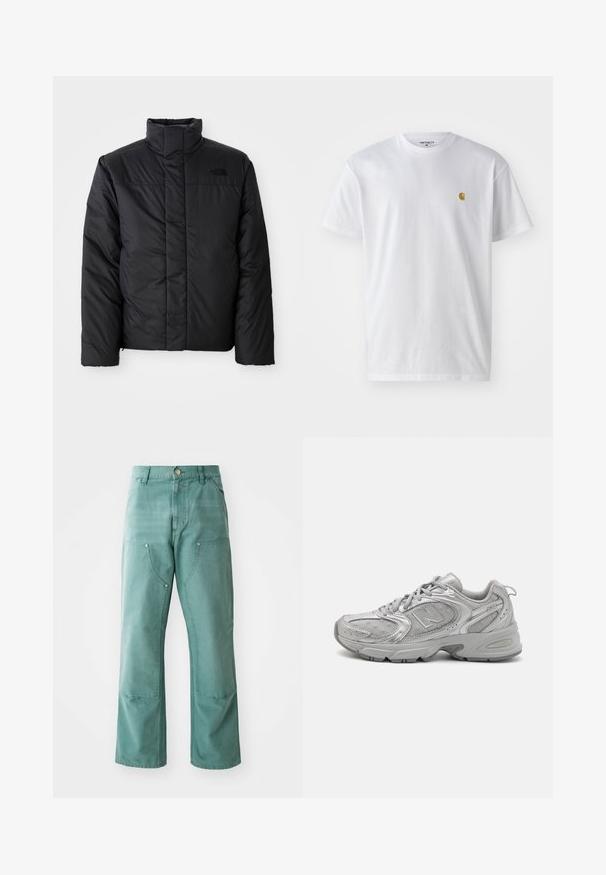Črna izolirana jakna z visokim ovratnikom, z zadrgo spredaj in logotipom na levem prsnem delu. Material se zdi gladek in puhast.; Bela bombažna majica s kratkimi rokavi, krožnim ovratnikom, z majhnim zlatim logotipom na levem prsnem predelu. Mehka tekstura in običajen kroj.; Hlače širokega kroja v teal barvi, narejene iz denim tkanine. Imajo sprednje žepe z naklonjenimi odprtinami in kovinske pritisne zapore.; Srebrna športna copata z elegantnim dizajnom, mrežnimi paneli, oblazinjenim jezikom, teksturirano sintetično zgornjim delom in gumijastim podplatom za oprijem.
