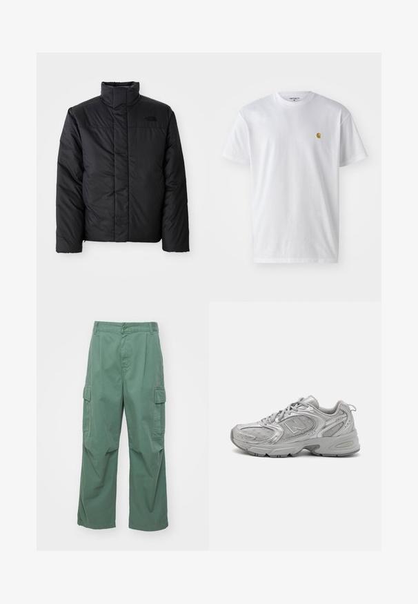 Zwarte geïsoleerde jas met hoge kraag, voorzien van een ritssluiting aan de voorkant en een logo op de linkerborst. Het materiaal lijkt glad en luchtig.; Witte katoenen t-shirt met korte mouwen en ronde hals, voorzien van een klein gouden logo op de linkerkant van de borst. Zachte textuur en een normale pasvorm.; Groene cargobroek van katoen, met een losse pasvorm, brede pijpen en zijzakken. De stof heeft een gladde textuur zonder patronen.; Zilveren hardloopschoen met een slank design, gaaspanelen, een gevoerde tong, textuur van synthetisch bovenwerk en rubberen buitenzool voor grip.