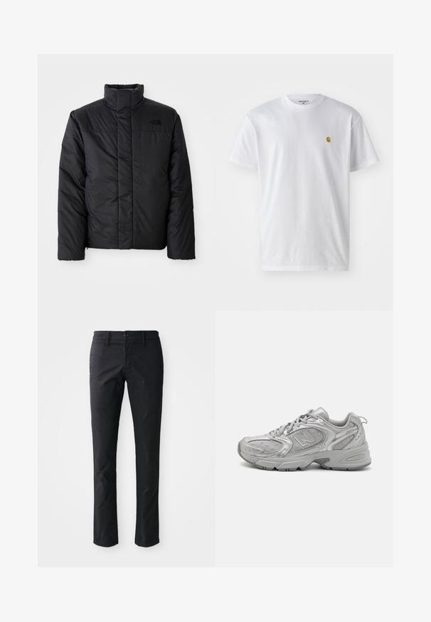 Zwarte geïsoleerde jas met hoge kraag, voorzien van een ritssluiting aan de voorkant en een logo op de linkerborst. Het materiaal lijkt glad en luchtig.; Witte katoenen t-shirt met korte mouwen en ronde hals, voorzien van een klein gouden logo op de linkerkant van de borst. Zachte textuur en een normale pasvorm.; Zwarte rechte broek gemaakt van gladde stof met een enkele knoopsluiting en riemlussen. Minimalistisch ontwerp zonder zichtbare patronen.; Zilveren hardloopschoen met een slank design, gaaspanelen, een gevoerde tong, textuur van synthetisch bovenwerk en rubberen buitenzool voor grip.