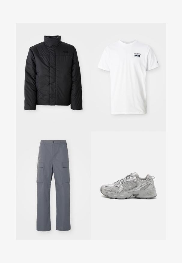 Černá zateplená bunda s vysokým límcem, která má zapínání na zip a logo na levé části hrudi. Materiál vypadá hladce a nadýchaně.; Bílý bavlněný tričko s krátkým rukávem. Na levém prsu má námořnické logo. Jednoduchý výstřih ve tvaru kruhu, hladká textura.; Šedé cargo kalhoty vyrobené z odolné tkaniny. Mezi vlastnosti patří elastický pas, dvě velké boční kapsy a rovný nohavicový střih.; Stříbrná sportovní obuv s elegantním designem, síťovinovými panely, polstrovaným jazykem, texturovaným syntetickým svrškem a gumovou podrážkou pro ochranu proti skluzu.
