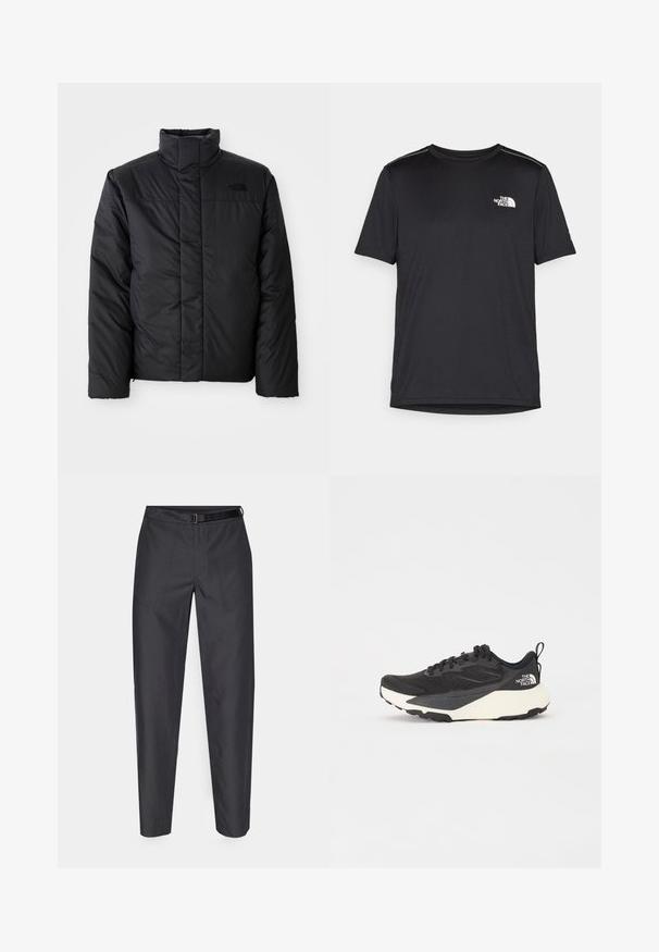 Černá zateplená bunda s vysokým límcem, která má zapínání na zip a logo na levé části hrudi. Materiál vypadá hladce a nadýchaně.; Černé tričko s krátkým rukávem vyrobené z lehkého materiálu. Má malé bílé logo na levé části hrudi a decentní akcenty na ramenech.; Tmavě šedé kalhoty s hladkou texturou, elastickým pasem se žebrováním a dvěma předními kapsami pro praktičnost.; Černá sportovní bota s texturovaným síťovaným svrškem, solidními černými akcenty a bílou lehkou podrážkou. Vybavena šněrováním a poutkem.