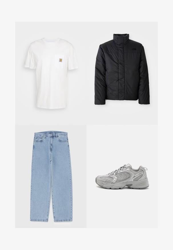 Černá zateplená bunda s vysokým límcem, která má zapínání na zip a logo na levé části hrudi. Materiál vypadá hladce a nadýchaně.; Bílý bavlněný tričko s krátkými rukávy, kapsou na prsou a malou čtvercovou nášivkou v oranžové a bílé barvě na kapse.; Světle modré džíny s rovnými nohavicemi, středním pasem, pěti kapsami a zapínáním na knoflík a zip.; Stříbrná sportovní obuv s elegantním designem, síťovinovými panely, polstrovaným jazykem, texturovaným syntetickým svrškem a gumovou podrážkou pro ochranu proti skluzu.