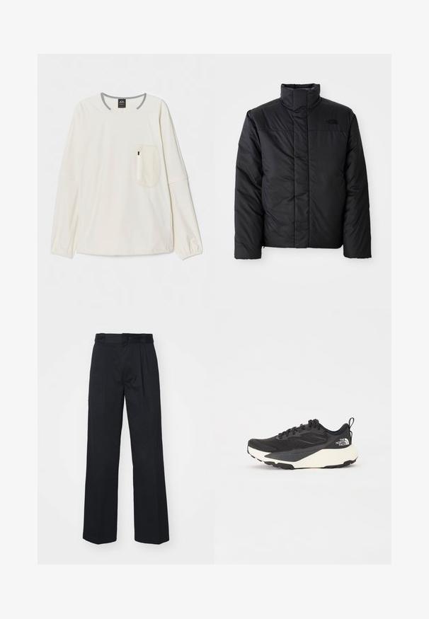 Mustapintainen eristetty takki, jossa on korkea kaulus. Takissa on vetoketjullinen etuosa ja logo vasemmassa rinnassa. Materiaali näyttää sileältä ja paksulta.; Pitkähihainen paita vaaleassa off-white-kankaassa, jossa harmaa kaulus ja tehosteväri. Edessä rinnassa vetoketjulla suljettava rintatasku. Pehmeä rakenne.; Mustat leveät housut, jotka on valmistettu kudotusta kankaasta ja joissa on tasainen etuosa, vyölenkit ja sivutaskut, jotka ovat sileäpintaisia.; Musta urheilujuoksukenkä, jossa on teksturoitu verkkomateriaali, kiinteät mustat yksityiskohdat ja valkoinen kevyt ulkopohja. Varustettu nauhakiinnityksellä ja vetonipulla.