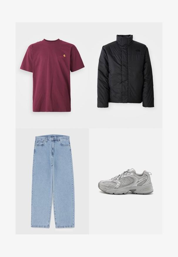 Sort isoleret jakke med høj krave, prydet med en lynlås front og et logo på venstre bryst. Materialet virker glat og fyldigt.; Burgunderfarvet bomulds t-shirt med korte ærmer og rund neck. Har et guld broderet logo på brystet. Enkelt design.; Lyseblå denimjeans med straight leg-design, der har en mid-rise talje, fem lommer og en lukning med knap og lynlås.; Sølv atletiksko med et strømlinet design, mesh-paneler, polstret tunge, struktureret syntetisk overdel og gummiydersål for godt greb.