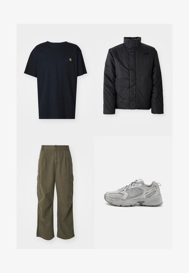 Černá zateplená bunda s vysokým límcem, která má zapínání na zip a logo na levé části hrudi. Materiál vypadá hladce a nadýchaně.; Carhartt WIP AMERICAN SCRIPT - Jednoduché tričko - air force blue; Olivové cargo kalhoty z bavlny, s širokým střihem, sklady a postranními kapsami pro praktičnost.; Stříbrná sportovní obuv s elegantním designem, síťovinovými panely, polstrovaným jazykem, texturovaným syntetickým svrškem a gumovou podrážkou pro ochranu proti skluzu.