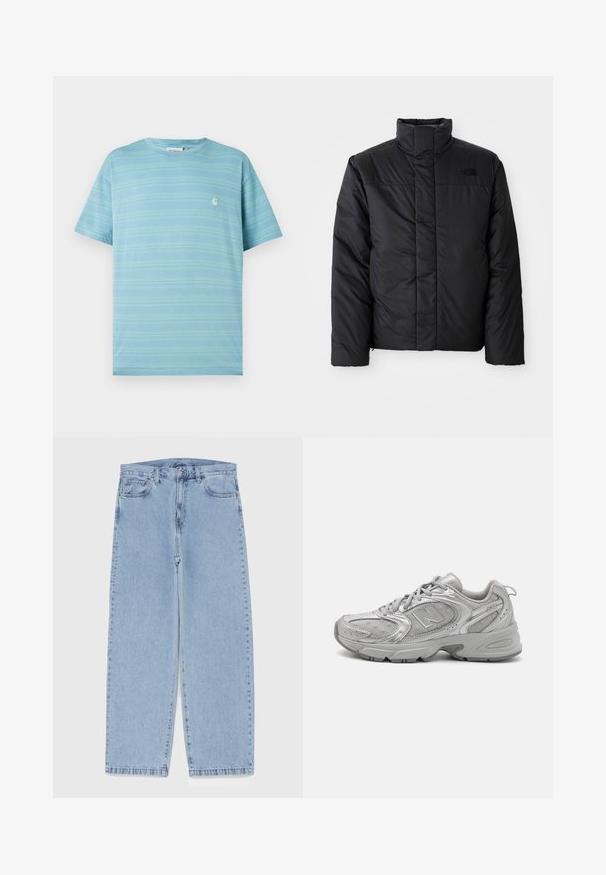 Must suuretusega must isoleeritud jakk kõrge kraega, millel on lukuga esiosa ja logo vasakul rinnal. Materjal näeb välja sile ja turske.; Heledsinine lühikeste varrukatega T-särk horisontaalsete triipudega ja väikese logoga rinnal. Valmistatud pehmest kangast, lõdva istuvusega.; Heled sinise denimi sirgete põlvede lõikega teksad, millel on keskmise kõrgusega vöökoht, viis taskut ning nööbid ja tõmblukk.; Hõbedane sportlik jalanõud, millel on stiilne disain, võrkpaneelid, pehmendatud keel, tekstureeritud sünteetiline pealmine osa ja kummist välistald haardumise tagamiseks.