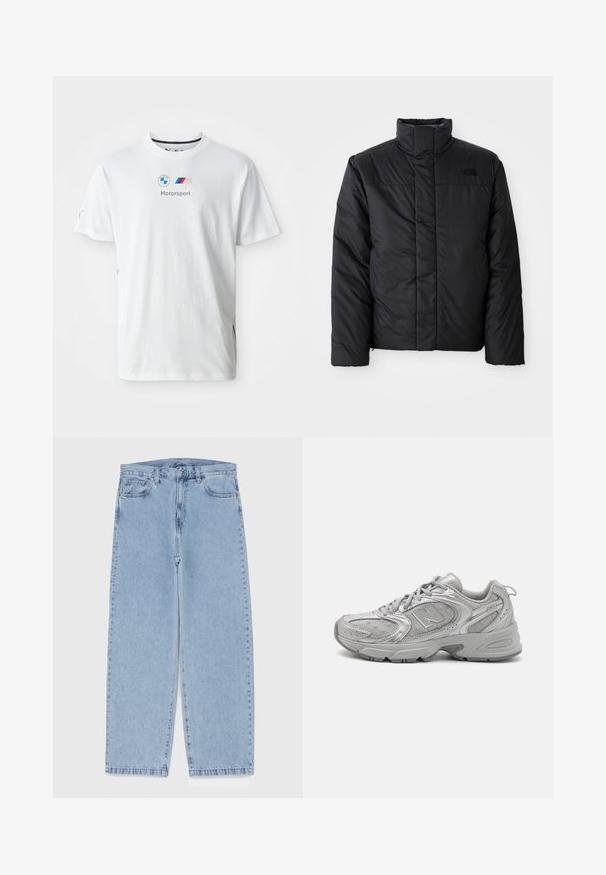 Melna izolēta jaka ar augstu apkakli, ar rāvējslēdzēja priekšpusi un logo kreisajā krūtī. Materiāls izskatās gluds un pūkains.; Baltas kokvilnas T-krekls ar BMW logo, pelēku tekstu "Motorsport" un krāsainiem akcentiem sānos. Īsas piedurknes un apaļa kakla izgriezums.; Gai zila džinsu bikses ar taisnu kāju dizainu, kas piedāvā vidēju vidukļa augstumu, piecas kabatas un pogas un rāvējslēdzēja aizdari.; Sudraba sporta apavi ar elegantu dizainu, acs paneļiem, mīkstu valvi, teksturētu sintētisku virsu un gumijas zoli labākai saķerei.