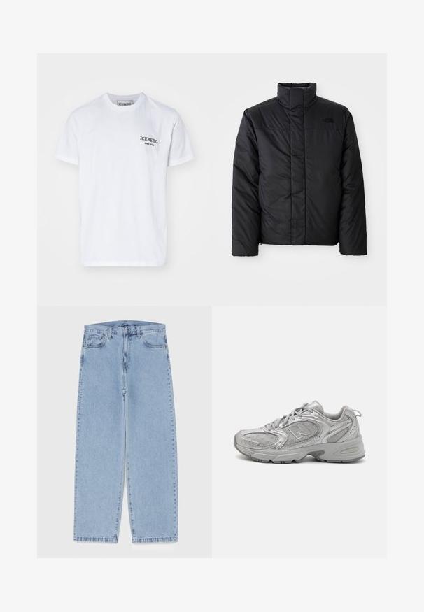 Schwarze isolierte Jacke mit hohem Kragen, ausgestattet mit einem durchgehenden Reißverschluss und einem Logo auf der linken Brust. Das Material wirkt glatt und plüschig.; Weißes Baumwoll-T-Shirt mit Rundhalsausschnitt, kurzen Ärmeln und einem schwarzen "ICEBERG since 1974" Logo auf der linken Brust.; Hellblaue Jeans aus Denim mit geradem Bein, ausgestattet mit einer mittelhohen Taille, fünf Taschen sowie einem Knopf- und Reißverschluss.; Silberner Sportschuh mit schlankem Design, Mesh-Einsätzen, gepolstertem Schaft, strukturiertem Synthetik-Obermaterial und Gummisohle für Traktion.